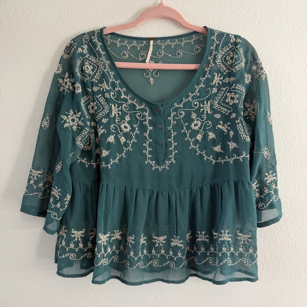 Free People Teal Blue Sheer Embroidered Boho Bohemian Blouse Size Small